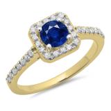 0.90 Carat (ctw) 10K Yellow Gold Round Blue Sapphire & White Diamond Ladies Bridal Halo Style Engagement Ring