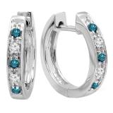 0.15 Carat (ctw) Round Blue & White Diamond Single Row Hoop Earrings in 10K White Gold
