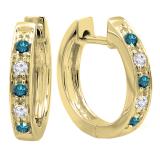 0.15 Carat (ctw) Round Blue & White Diamond Single Row Hoop Earrings in 10K Yellow Gold