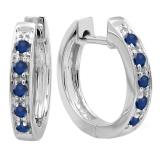 Round Blue Sapphire Single Row Hoop Earrings in 14K White Gold