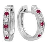 Round Ruby & White Diamond Single Row Hoop Earrings in 10K White Gold