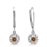 0.55 Carat (ctw) 14K White Gold Round Cut Champagne & White Diamond Ladies Cluster Halo Style Drop Earrings 1/2 CT
