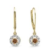 0.55 Carat (ctw) 14K Yellow Gold Round Cut Champagne & White Diamond Ladies Cluster Halo Style Drop Earrings 1/2 CT