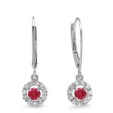 0.55 Carat (ctw) 18K White Gold Round Cut Red Ruby & White Diamond Ladies Cluster Halo Style Drop Earrings 1/2 CT