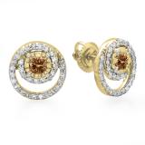 0.80 Carat (ctw) 14K Yellow Gold Round Cut Champagne & White Diamond Ladies Cluster Swirl Stud Earrings 3/4 CT