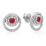 0.80 Carat (ctw) 14K White Gold Round Cut Red Ruby & White Diamond Ladies Cluster Swirl Stud Earrings 3/4 CT