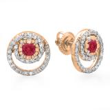 0.80 Carat (ctw) 18K Rose Gold Round Cut Red Ruby & White Diamond Ladies Cluster Swirl Stud Earrings 3/4 CT