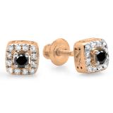 0.25 Carat (ctw) 10K Rose Gold Round Cut Black & White Diamond Ladies Square Frame Halo Stud Earrings 1/4 CT