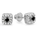 0.25 Carat (ctw) 14K White Gold Round Cut Black & White Diamond Ladies Square Frame Halo Stud Earrings 1/4 CT