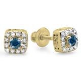 0.25 Carat (ctw) 10K Yellow Gold Round Cut Blue & White Diamond Ladies Square Frame Halo Stud Earrings 1/4 CT