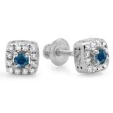 0.25 Carat (ctw) 14K White Gold Round Cut Blue & White Diamond Ladies Square Frame Halo Stud Earrings 1/4 CT