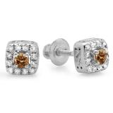 0.25 Carat (ctw) 10K White Gold Round Cut Champagne & White Diamond Ladies Square Frame Halo Stud Earrings 1/4 CT