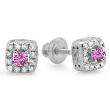 0.25 Carat (ctw) 10K White Gold Round Cut Pink Sapphire & White Diamond Ladies Square Frame Halo Stud Earrings 1/4 CT