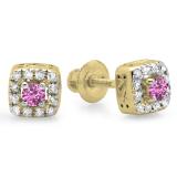 0.25 Carat (ctw) 10K Yellow Gold Round Cut Pink Sapphire & White Diamond Ladies Square Frame Halo Stud Earrings 1/4 CT