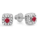 0.25 Carat (ctw) 14K White Gold Round Cut Red Ruby & White Diamond Ladies Square Frame Halo Stud Earrings 1/4 CT
