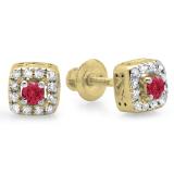 0.25 Carat (ctw) 14K Yellow Gold Round Cut Red Ruby & White Diamond Ladies Square Frame Halo Stud Earrings 1/4 CT