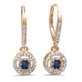 0.50 Carat (ctw) 10K Rose Gold Round Cut Blue Sapphire & White Diamond Ladies Cluster Halo Style Dangling Drop Earrings 1/2 CT