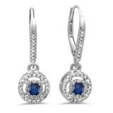 0.50 Carat (ctw) 10K White Gold Round Cut Blue Sapphire & White Diamond Ladies Cluster Halo Style Dangling Drop Earrings 1/2 CT