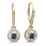 0.50 Carat (ctw) 10K Yellow Gold Round Cut Blue Sapphire & White Diamond Ladies Cluster Halo Style Dangling Drop Earrings 1/2 CT