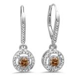 0.50 Carat (ctw) 10K White Gold Round Cut Champagne & White Diamond Ladies Cluster Halo Style Dangling Drop Earrings 1/2 CT