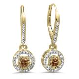 0.50 Carat (ctw) 10K Yellow Gold Round Cut Champagne & White Diamond Ladies Cluster Halo Style Dangling Drop Earrings 1/2 CT