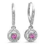 0.50 Carat (ctw) 10K White Gold Round Cut Pink Sapphire & White Diamond Ladies Cluster Halo Style Dangling Drop Earrings 1/2 CT