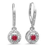 0.50 Carat (ctw) 10K White Gold Round Cut Red Ruby & White Diamond Ladies Cluster Halo Style Dangling Drop Earrings 1/2 CT