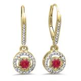 0.50 Carat (ctw) 10K Yellow Gold Round Cut Red Ruby & White Diamond Ladies Cluster Halo Style Dangling Drop Earrings 1/2 CT