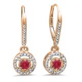 0.50 Carat (ctw) 14K Rose Gold Round Cut Red Ruby & White Diamond Ladies Cluster Halo Style Dangling Drop Earrings 1/2 CT