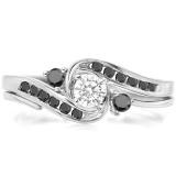 0.50 Carat (ctw) 10k White Gold Round Black And White Diamond Ladies Swirl Bridal Engagement Ring Matching Band Set 1/2 CT