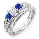 1.00 Carat (ctw) 10K White Gold Princess Cut Blue Sapphire Accent Stone & White Diamond Ladies 3 Stone Bridal Engagement Ring Set Matching Band 1 CT
