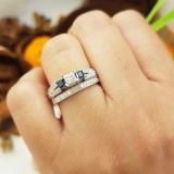 1.00 Carat (ctw) 10K White Gold Princess Cut Blue Sapphire Accent Stone & White Diamond Ladies 3 Stone Bridal Engagement Ring Set Matching Band 1 CT