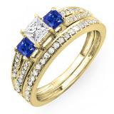 1.00 Carat (ctw) 10K Yellow Gold Princess Cut Blue Sapphire Accent Stone & White Diamond Ladies 3 Stone Bridal Engagement Ring Set Matching Band 1 CT