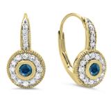 0.45 Carat (ctw) 10K Yellow Gold Round Cut Blue & White Diamond Ladies Cluster Halo Style Milgrain Drop Earrings 1/2 CT