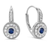 0.45 Carat (ctw) 10K White Gold Round Cut Blue Sapphire & White Diamond Ladies Cluster Halo Style Milgrain Drop Earrings 1/2 CT