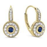 0.45 Carat (ctw) 10K Yellow Gold Round Cut Blue Sapphire & White Diamond Ladies Cluster Halo Style Milgrain Drop Earrings 1/2 CT