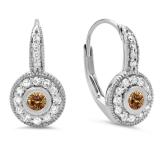 0.45 Carat (ctw) 10K White Gold Round Cut Champagne & White Diamond Ladies Cluster Halo Style Milgrain Drop Earrings 1/2 CT