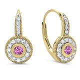 0.45 Carat (ctw) 18K Yellow Gold Round Cut Pink Sapphire & White Diamond Ladies Cluster Halo Style Milgrain Drop Earrings 1/2 CT