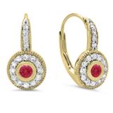 0.45 Carat (ctw) 10K Yellow Gold Round Cut Ruby & White Diamond Ladies Cluster Halo Style Milgrain Drop Earrings 1/2 CT
