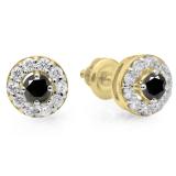 0.50 Carat (ctw) 14K Yellow Gold Real Round Cut Black & White Diamond Ladies Cluster Stud Earrings 1/2 CT