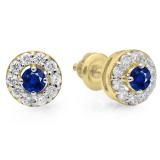 0.50 Carat (ctw) 10K Yellow Gold Real Round Cut Blue Sapphire & White Diamond Ladies Cluster Stud Earrings 1/2 CT
