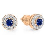 0.50 Carat (ctw) 14K Rose Gold Real Round Cut Blue Sapphire & White Diamond Ladies Cluster Stud Earrings 1/2 CT