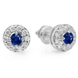 0.50 Carat (ctw) 14K White Gold Real Round Cut Blue Sapphire & White Diamond Ladies Cluster Stud Earrings 1/2 CT