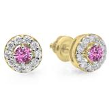 0.50 Carat (ctw) 18K Yellow Gold Real Round Cut Pink Sapphire & White Diamond Ladies Cluster Stud Earrings 1/2 CT