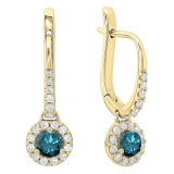 0.45 Carat (ctw) 10K Yellow Gold Round Blue & White Diamond Ladies Halo Style Dangling Drop Earrings 1/2 CT