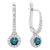 0.45 Carat (ctw) 14K White Gold Round Blue & White Diamond Ladies Halo Style Dangling Drop Earrings 1/2 CT