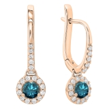 0.45 Carat (ctw) 18K Rose Gold Round Blue & White Diamond Ladies Halo Style Dangling Drop Earrings 1/2 CT