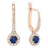 0.45 Carat (ctw) 10K Rose Gold Round Blue Sapphire & White Diamond Ladies Halo Style Dangling Drop Earrings 1/2 CT