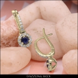 0.45 Carat (ctw) 10K Yellow Gold Round Blue Sapphire & White Diamond Ladies Halo Style Dangling Drop Earrings 1/2 CT