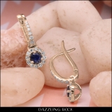 0.45 Carat (ctw) 18K Rose Gold Round Blue Sapphire & White Diamond Ladies Halo Style Dangling Drop Earrings 1/2 CT